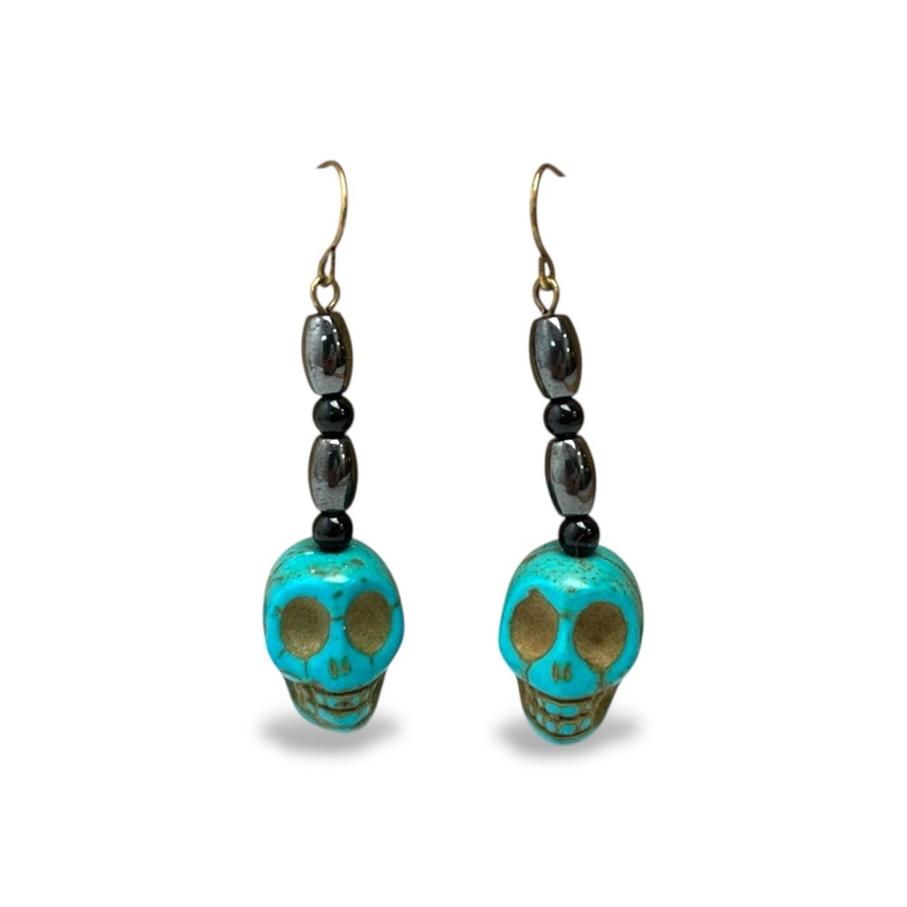 Turquoise Skull Earrings Dyed Howlite Goth Pirate Halloween Day of The Dead